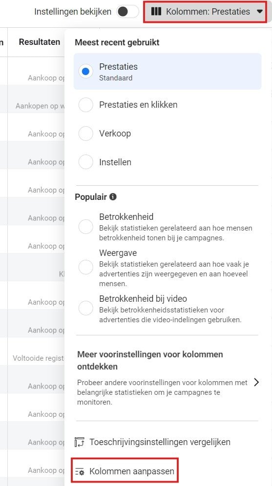 meta ads kolommen