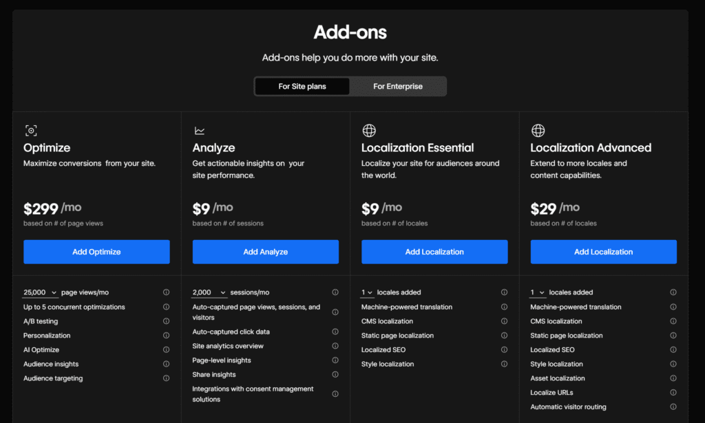 webflow addons prijs